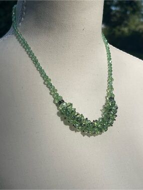 Vintage AB Green Crystal Cluster Bib Necklace 21" Lobster Clasp Extender AsIs
